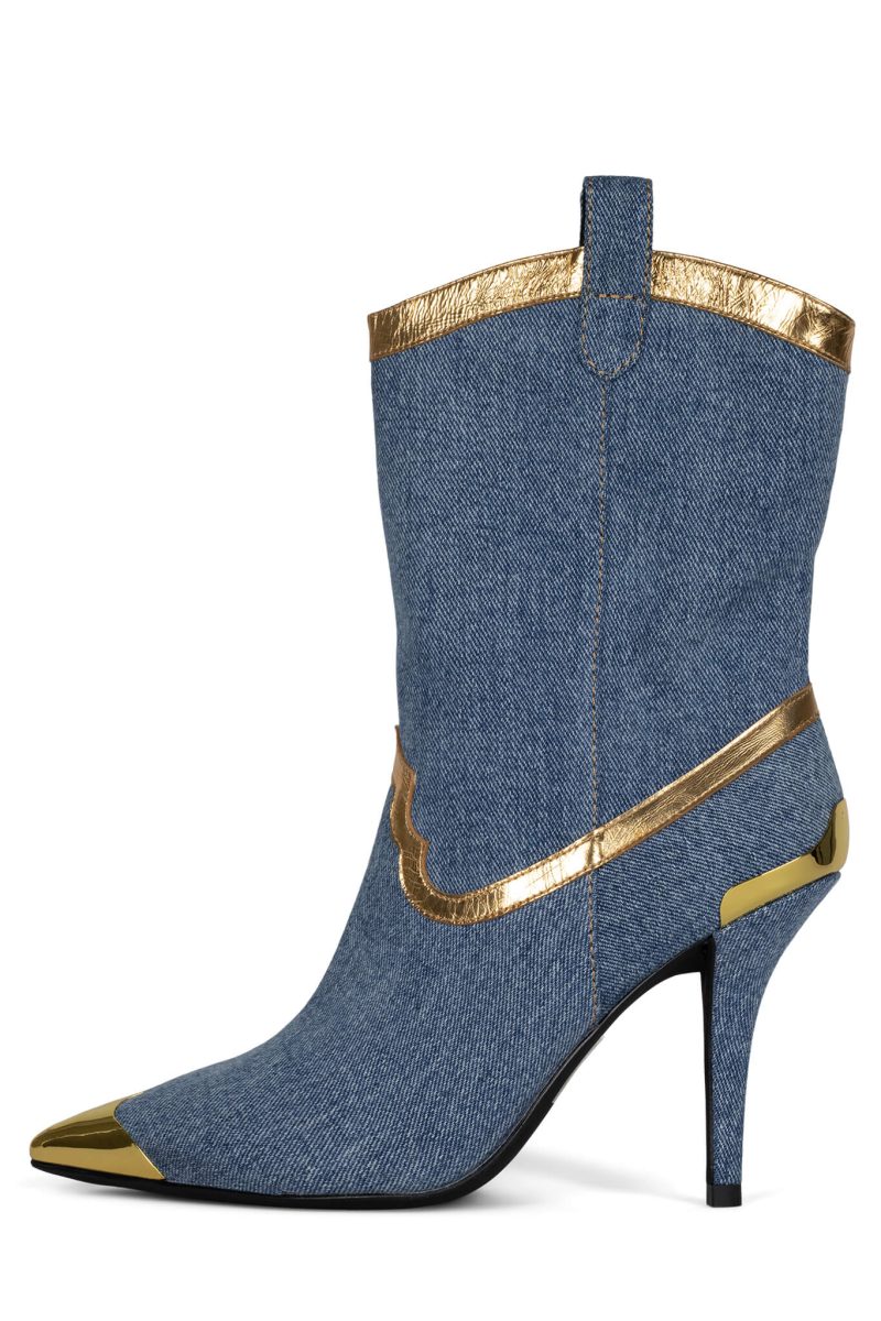 EL-PASO Mid-Calf Boot Jeffrey Campbell Blue Denim Gold 6