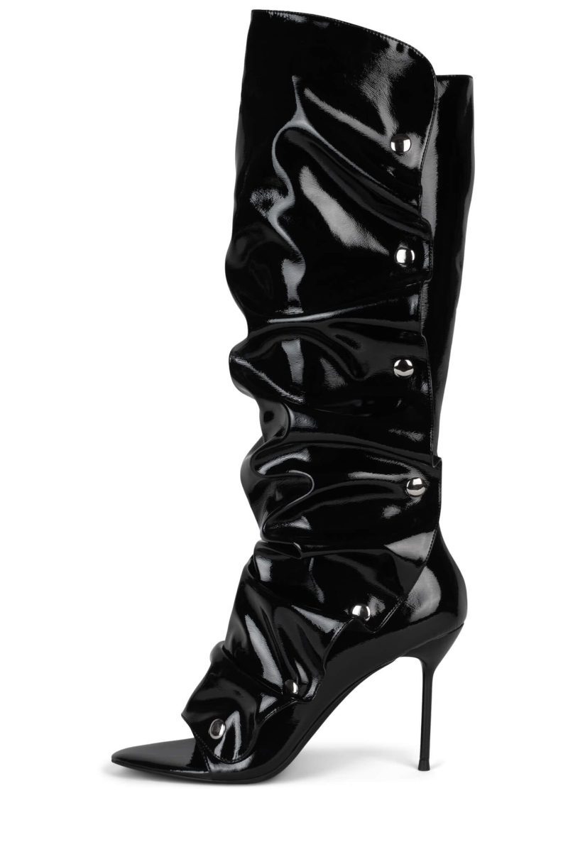 OVERLAP Jeffrey Campbell Stiletto Boots Black Crinkle Patent